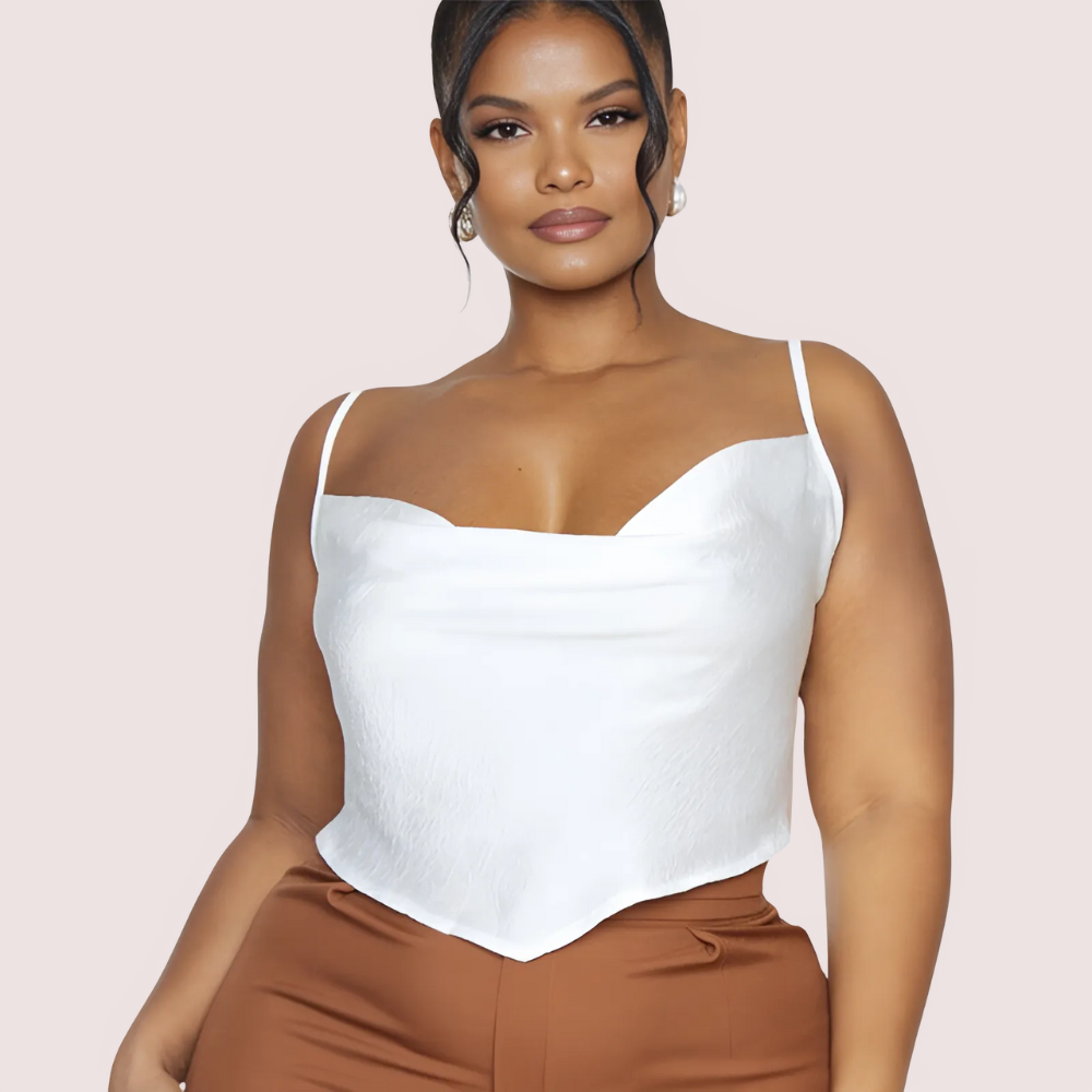 Plus Size White Satin Cropped Cowl Neck Cami Top - Image 2