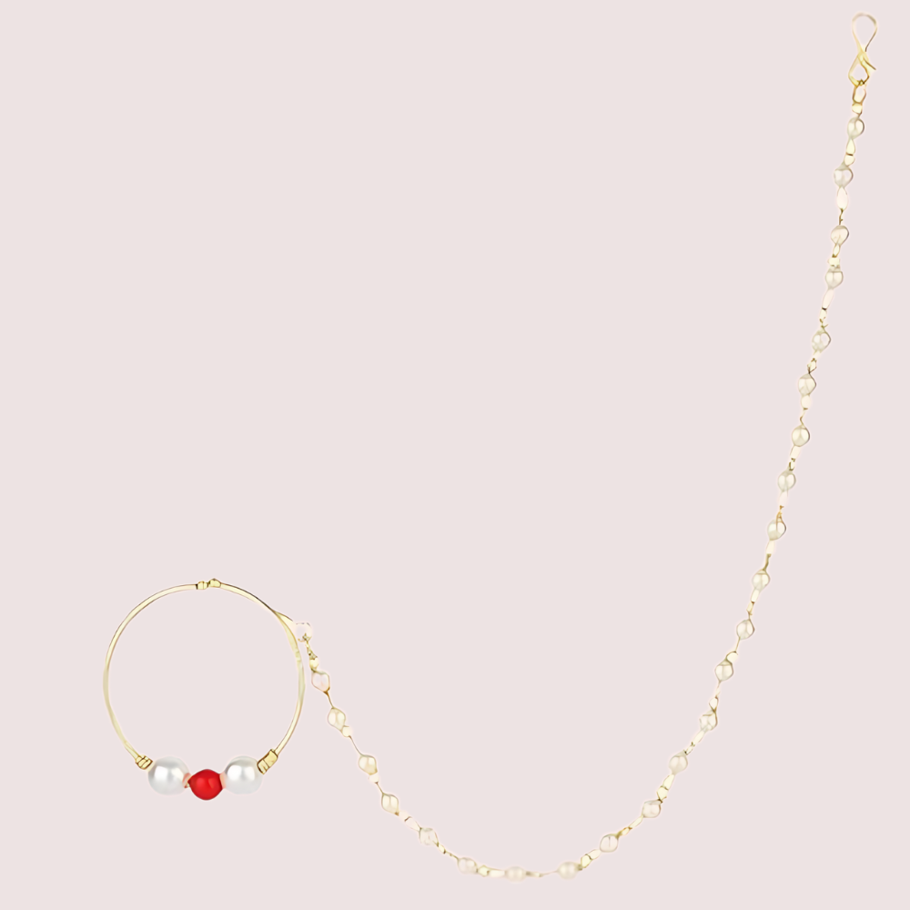 Bridal Nose Ring with Pearl Chain for Women - Image 2