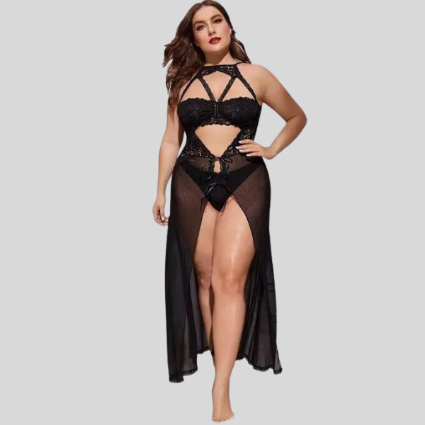 Plus Size Split Long Mesh Babydoll Nightwear - Image 2