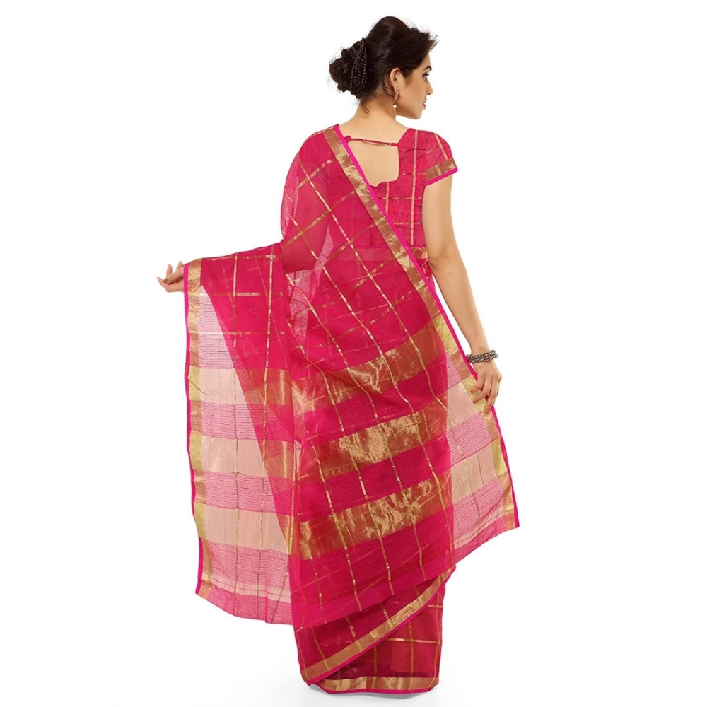 Women's Kota Doria Cotton Saree With Blouse (Rani,6-3 Mtrs) - Image 3