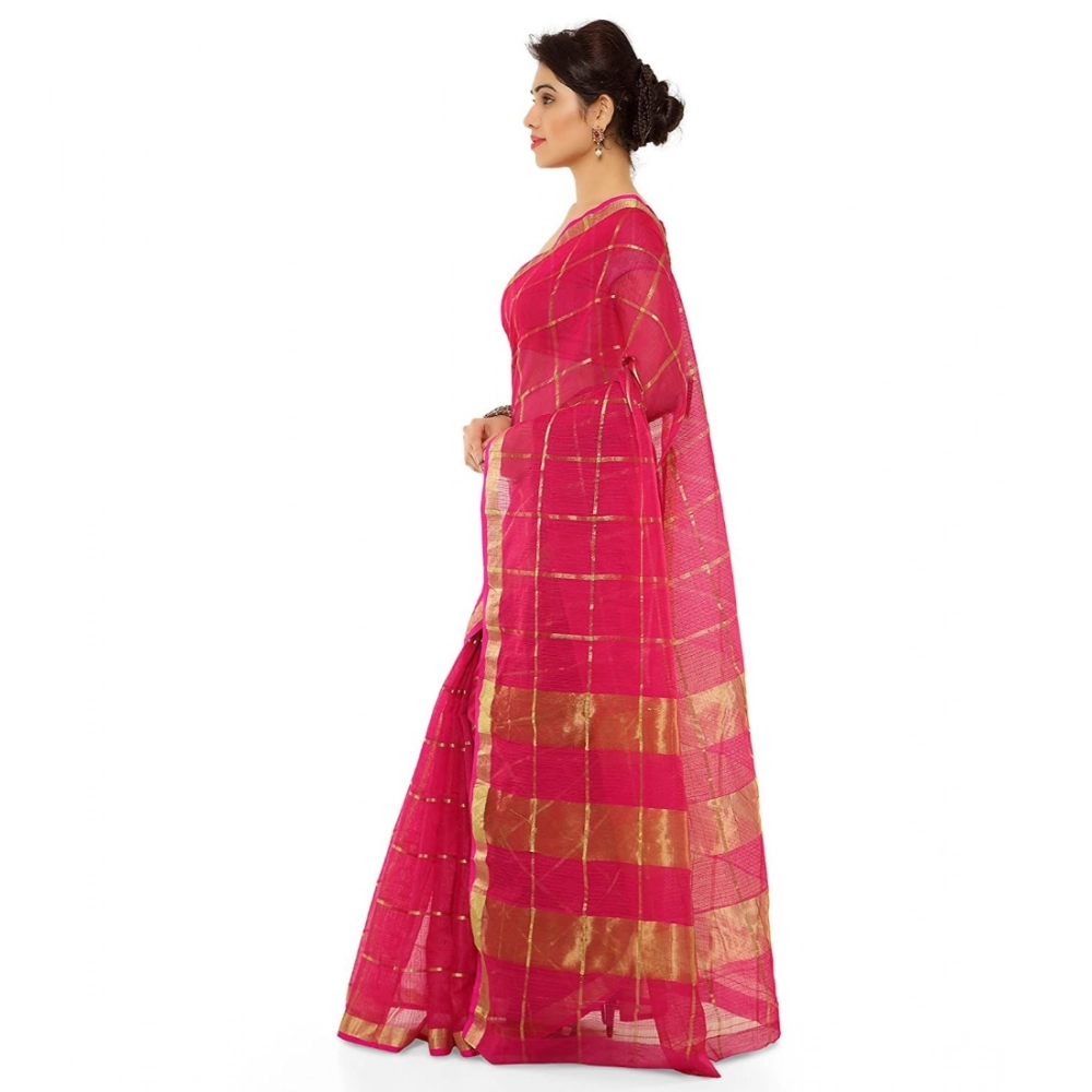 Women's Kota Doria Cotton Saree With Blouse (Rani,6-3 Mtrs) - Image 2