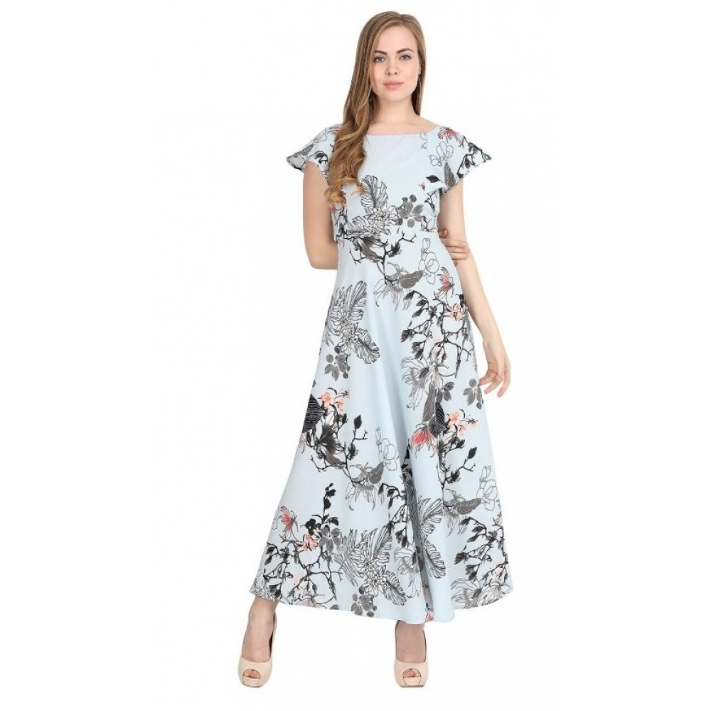 Women's Crepe Floral Half Sleeves Full Length Gown(Blue) - Image 2