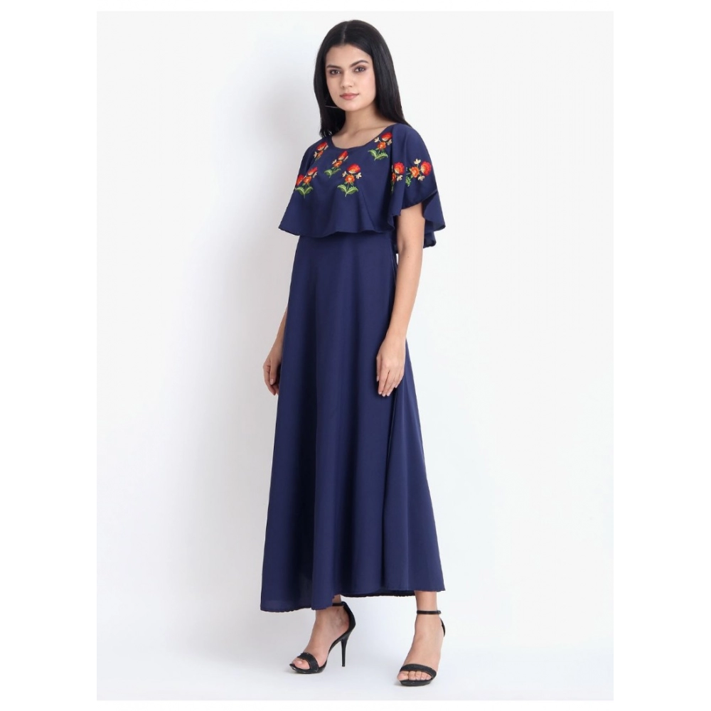 Women's Crepe Embroidery Pattern Sleeveless Full Length Gown(Dark Blue) - Image 4