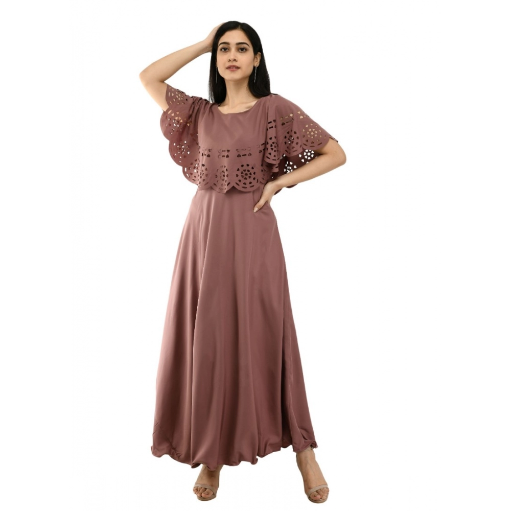 Women's Crepe Solid Sleeveless Full Length Gown(Brown) - Image 6