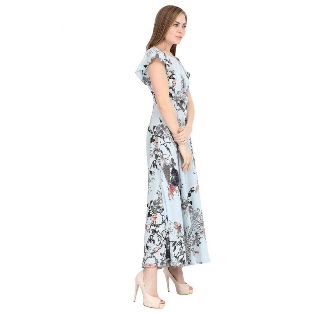 Women's Crepe Floral Half Sleeves Full Length Gown(Blue) - Image 4