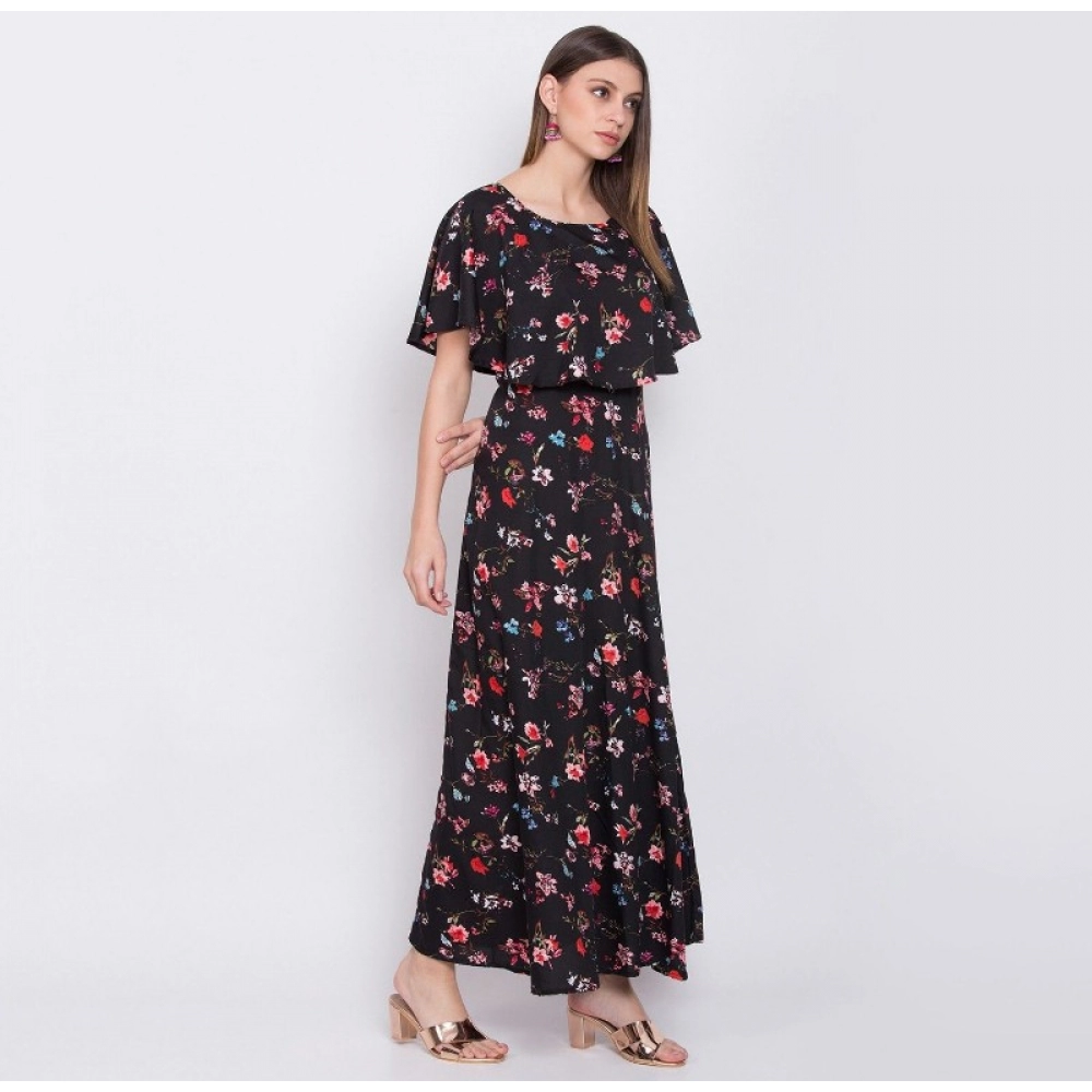 Women's Crepe Floral Half Sleeves Full Length Gown(Black) - Image 3