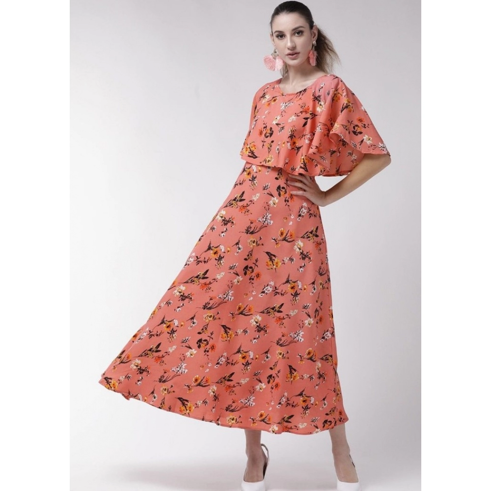 Women's Crepe Floral Half Sleeves Full Length Gown(Orange) - Image 6