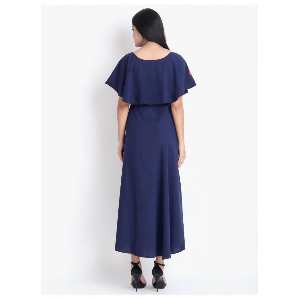 Women's Crepe Embroidery Pattern Sleeveless Full Length Gown(Dark Blue) - Image 6