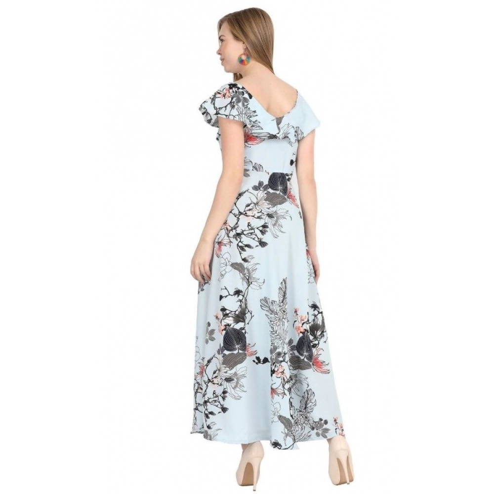 Women's Crepe Floral Half Sleeves Full Length Gown(Blue) - Image 5
