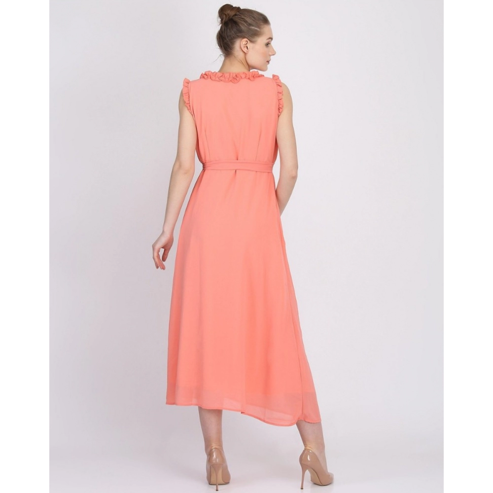 Women's Georgette Solid Sleeveless Full Length Gown(Peach) - Image 6