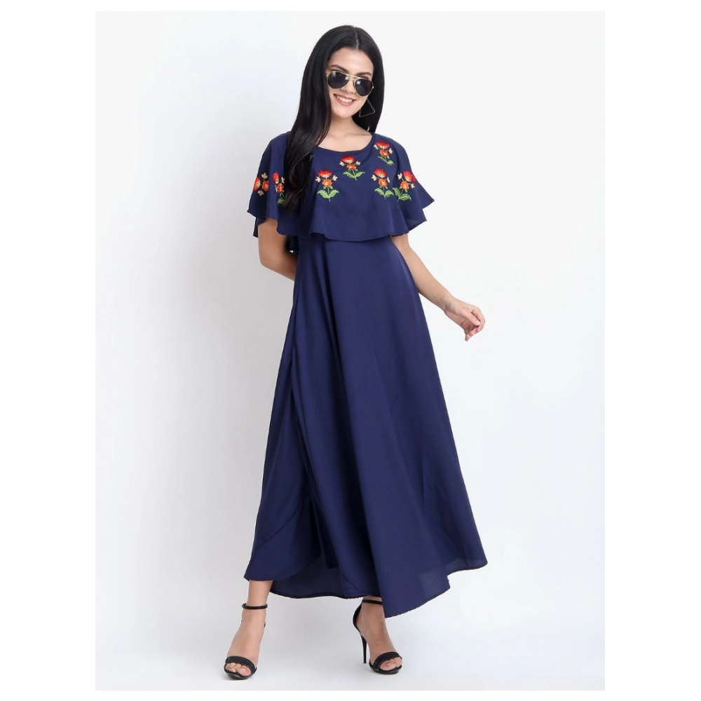 Women's Crepe Embroidery Pattern Sleeveless Full Length Gown(Dark Blue) - Image 2