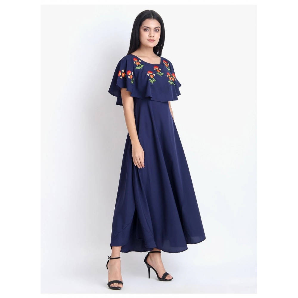 Women's Crepe Embroidery Pattern Sleeveless Full Length Gown(Dark Blue) - Image 3
