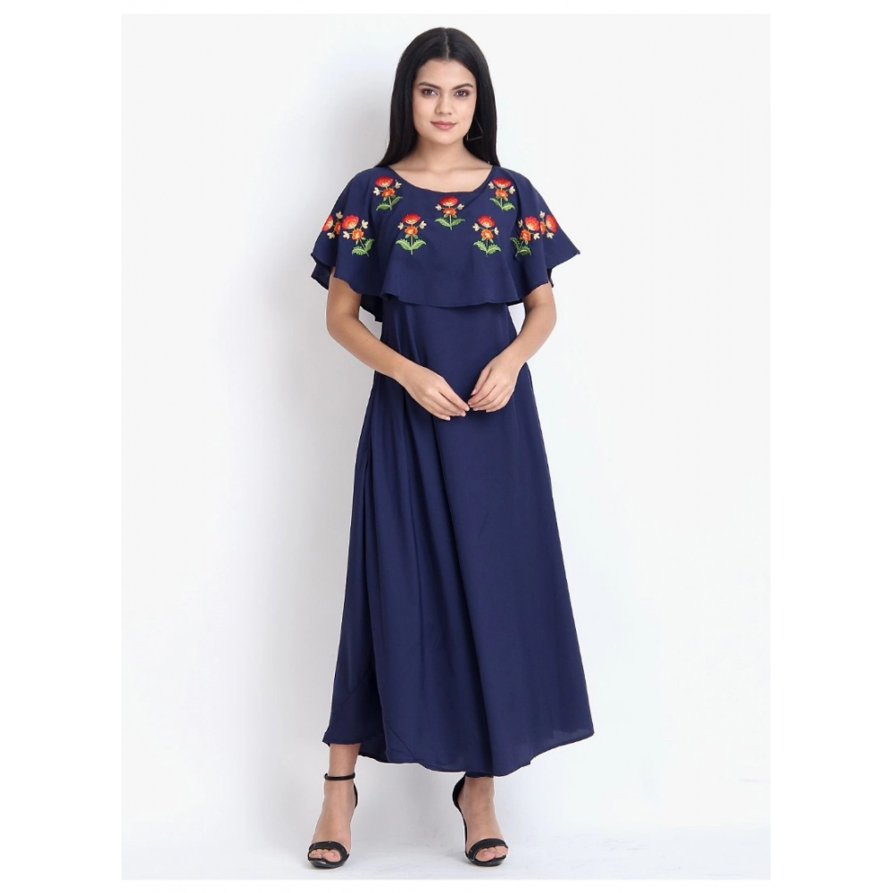 Women's Crepe Embroidery Pattern Sleeveless Full Length Gown(Dark Blue) - Image 7