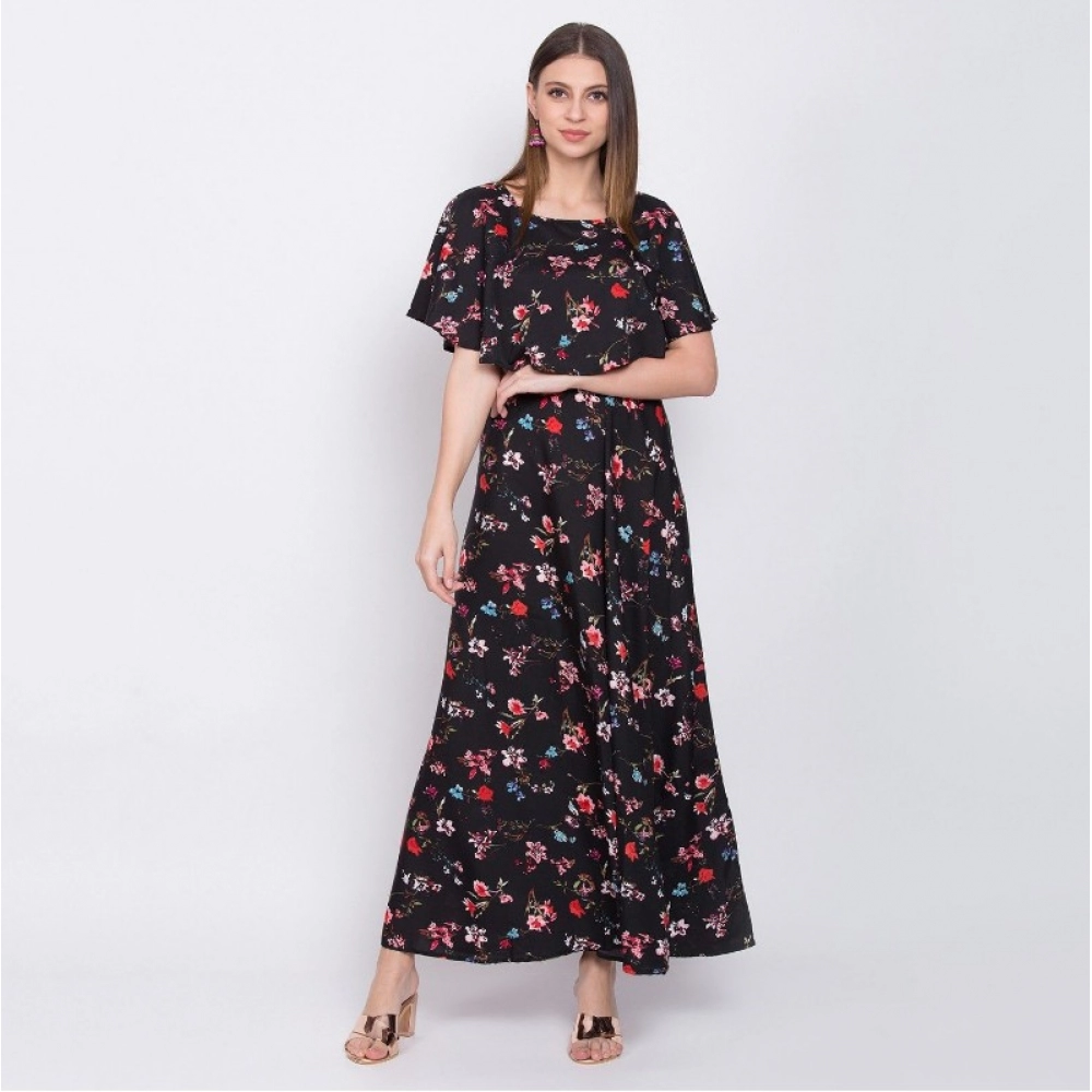 Women's Crepe Floral Half Sleeves Full Length Gown(Black) - Image 4