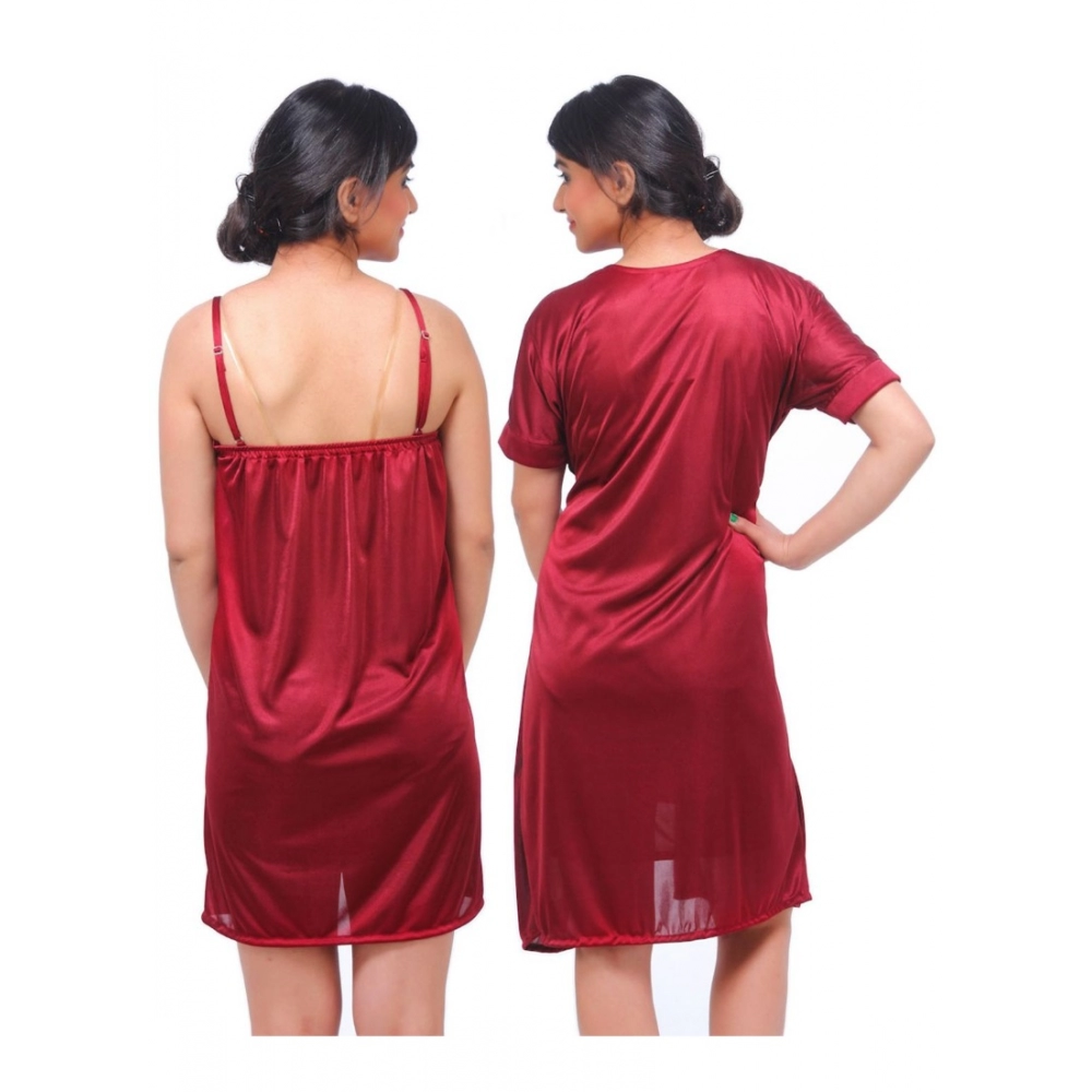 Women's Satin 2 PCs Set Of Nighty And Wrap Gown with Half Sleeve Nightdress(Color: Maroon, Neck Type: V Neck) - Image 4