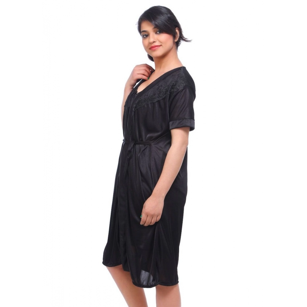Women's Satin 2 PCs Set Of Nighty And Wrap Gown with Half Sleeve Nightdress(Color: Black, Neck Type: V Neck) - Image 3