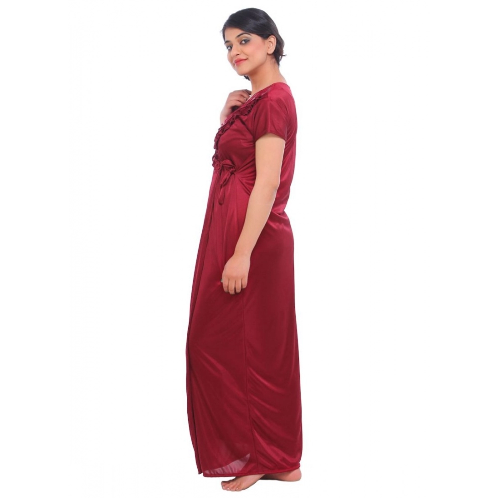 Women's Satin 2 PCs Set Of Nighty And Wrap Gown Mega Sleeve(Color: Maroon, Neck Type: Square Neck) - Image 2