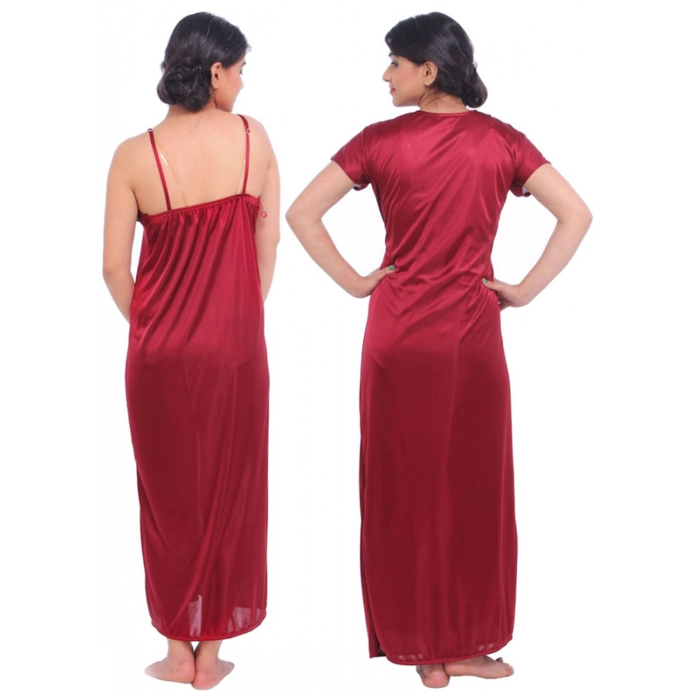 Women's Satin 2 PCs Set Of Nighty And Wrap Gown Mega Sleeve(Color: Maroon, Neck Type: Square Neck) - Image 3