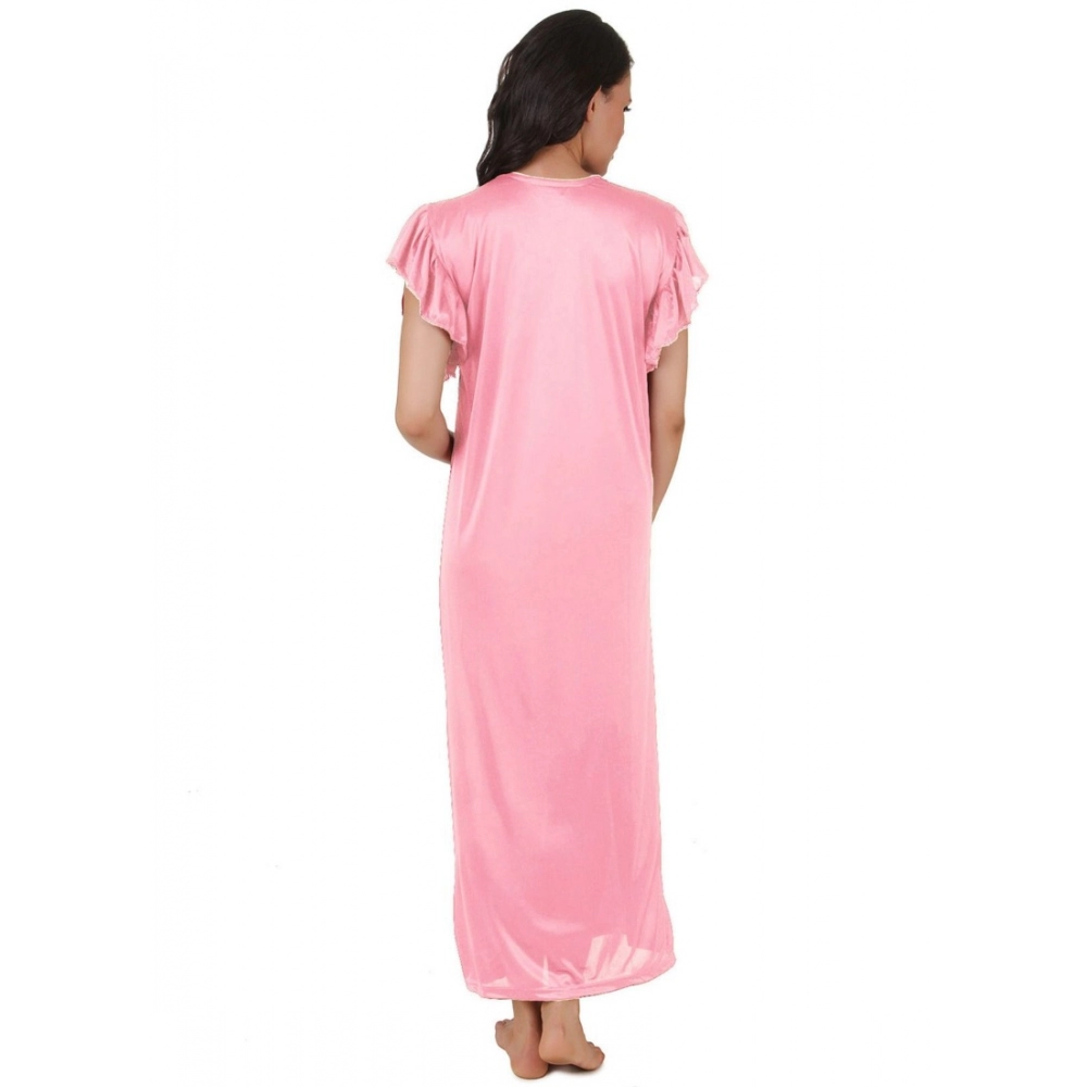 Women's Satin Long Nighty Frill Sleeve(Color: Baby Pink, Neck Type: V Neck) - Image 2