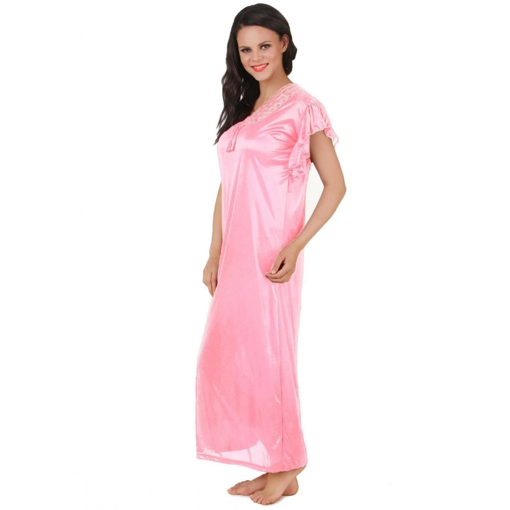 Women's Satin Long Nighty Frill Sleeve(Color: Baby Pink, Neck Type: V Neck) - Image 3