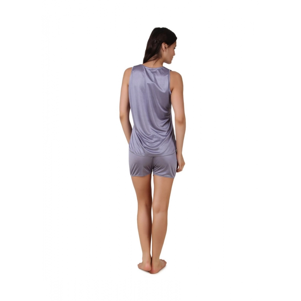 Women's Satin Top And Shorts Set with Sleeve Less(Color: Grey, Neck Type: V Neck) - Image 2