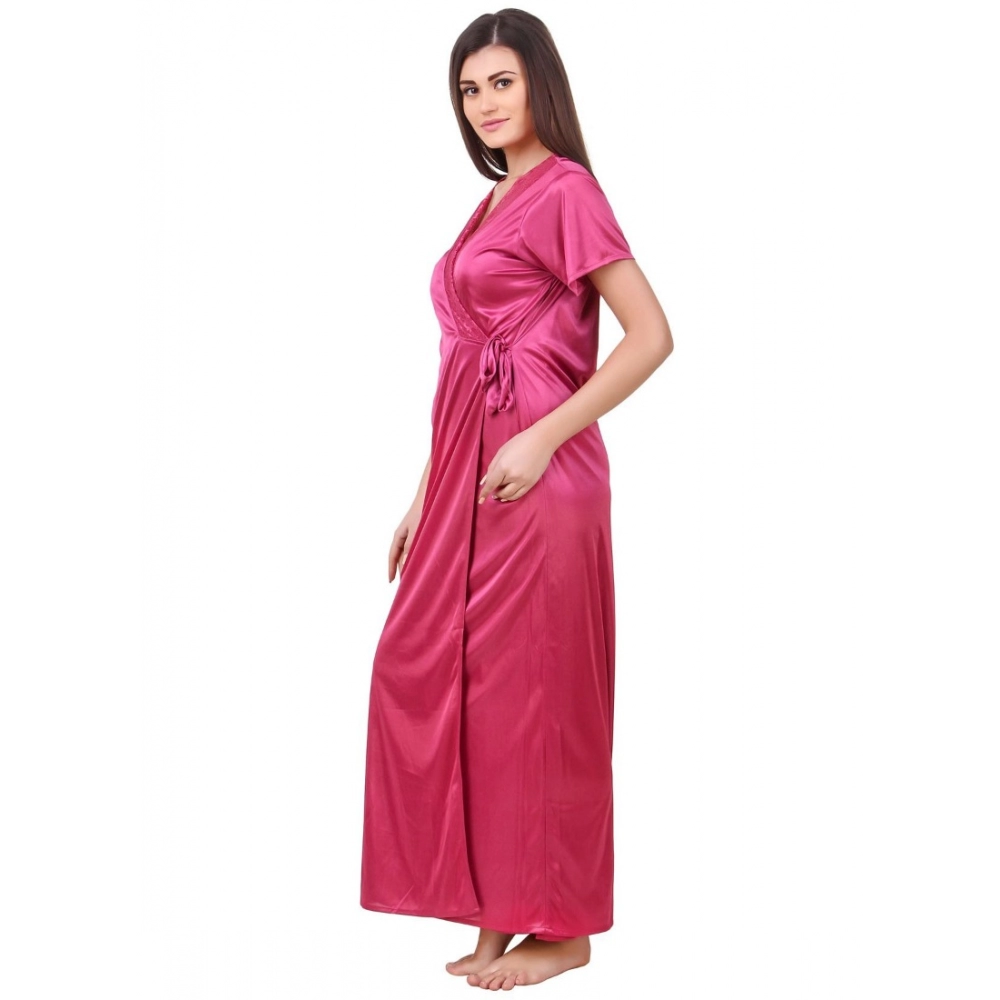 Women's Satin 2 PCs Set of Nighty And Wrap Gown with Half Sleeve(Color: Coral Pink, Neck Type: V Neck) - Image 3