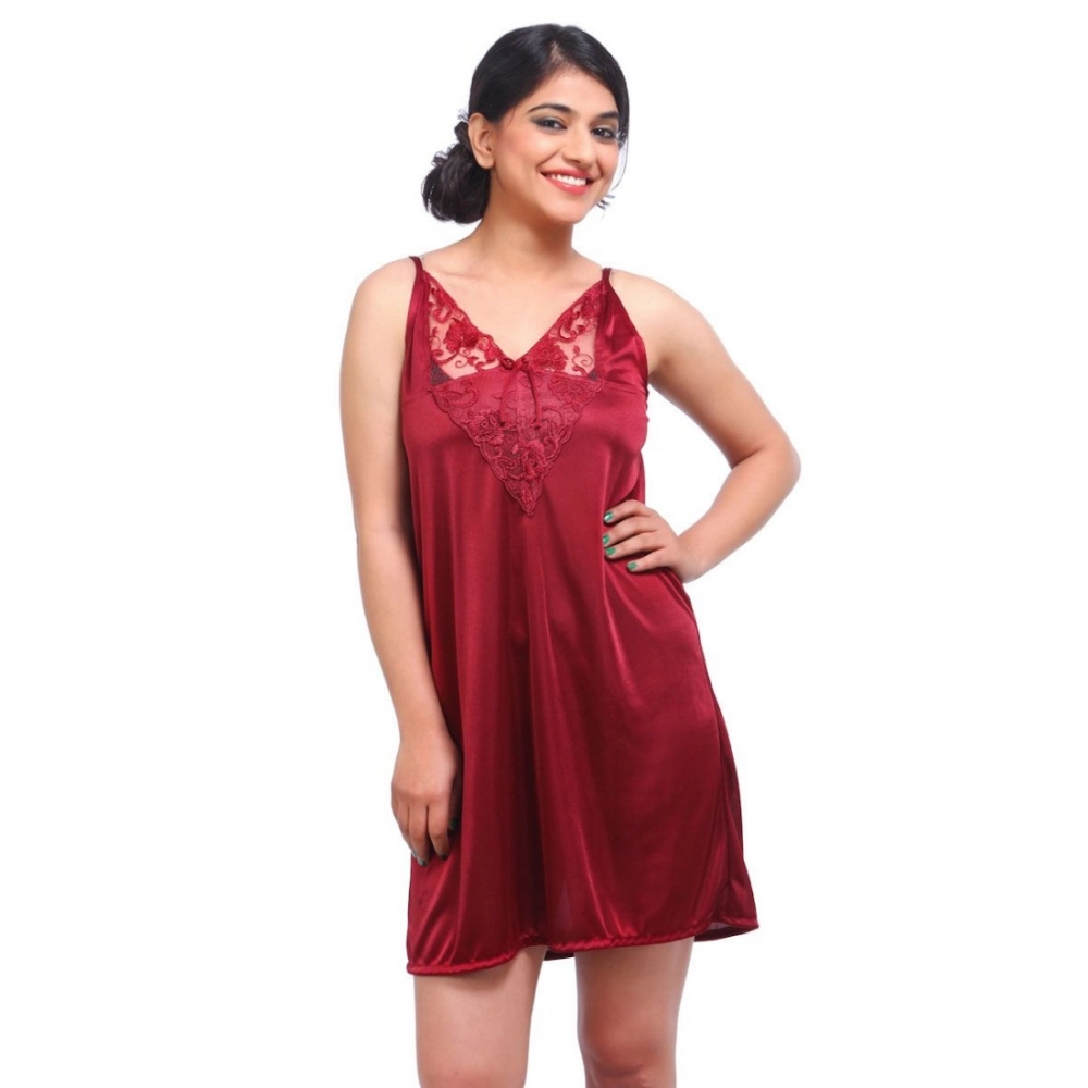 Women's Satin 2 PCs Set Of Nighty And Wrap Gown with Half Sleeve Nightdress(Color: Maroon, Neck Type: V Neck) - Image 2