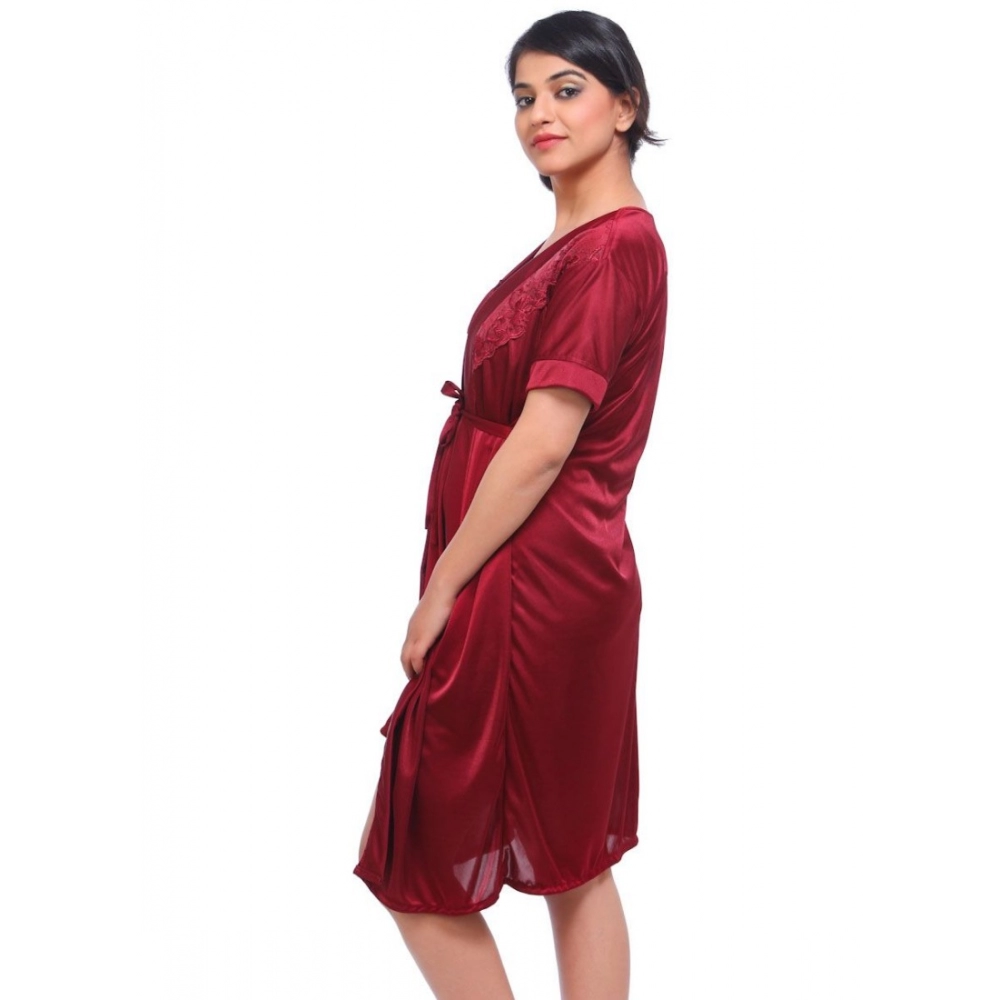 Women's Satin 2 PCs Set Of Nighty And Wrap Gown with Half Sleeve Nightdress(Color: Maroon, Neck Type: V Neck) - Image 3