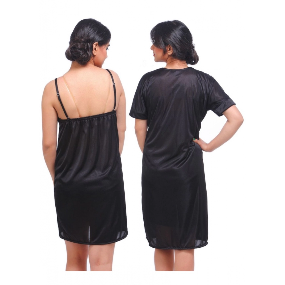 Women's Satin 2 PCs Set Of Nighty And Wrap Gown with Half Sleeve Nightdress(Color: Black, Neck Type: V Neck) - Image 4