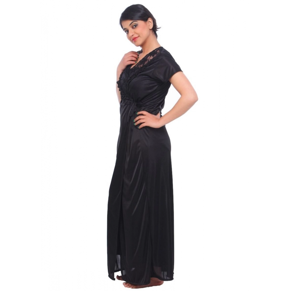 Women's Satin 2 PCs Set Of Nighty And Wrap Gown Mega Sleeve(Color: Black, Neck Type: Square Neck) - Image 2