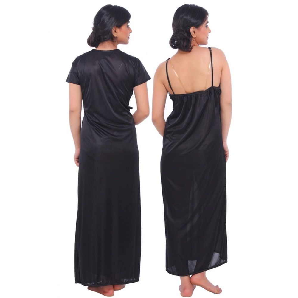 Women's Satin 2 PCs Set Of Nighty And Wrap Gown Mega Sleeve(Color: Black, Neck Type: Square Neck) - Image 3