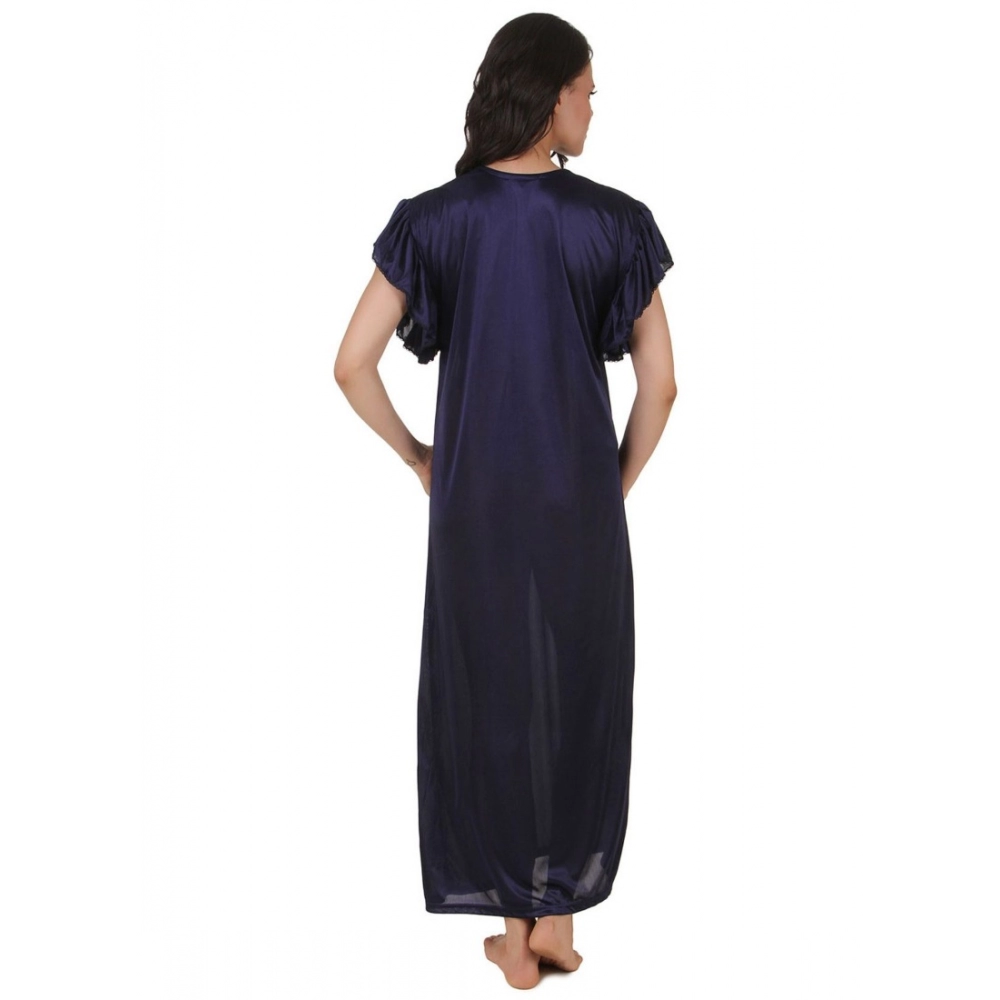 Women's Satin Long Nighty Frill Sleeve(Color: Navy Blue, Neck Type: V Neck) - Image 2