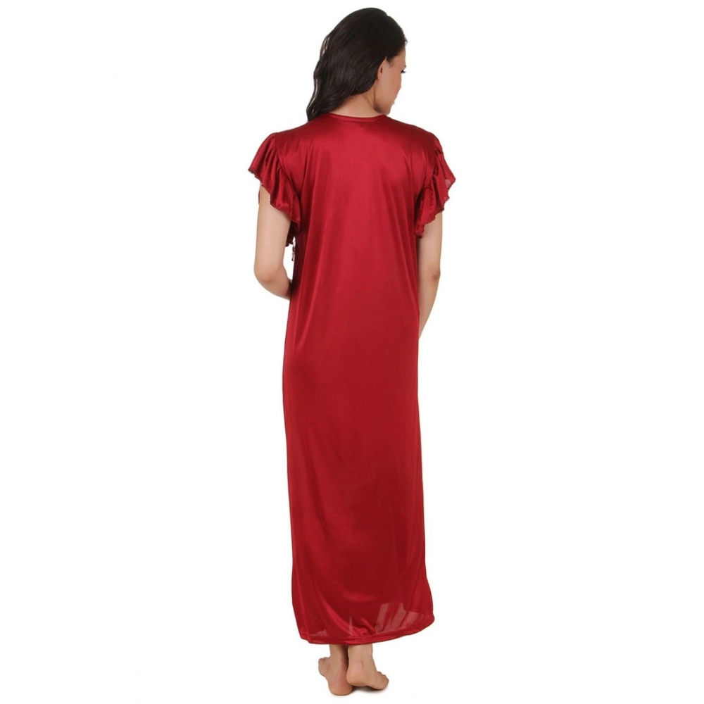 Women's Satin Long Nighty Frill Sleeve(Color: Maroon, Neck Type: V Neck) - Image 2