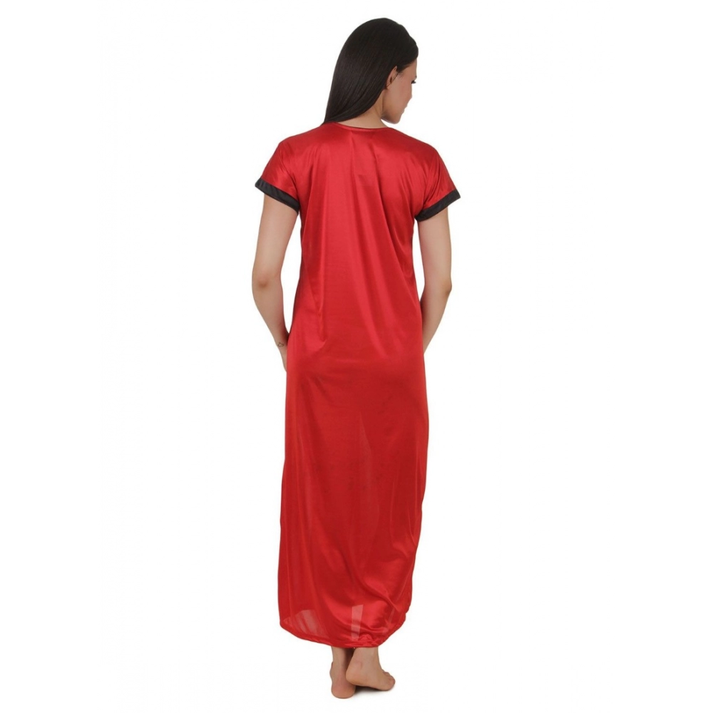 Women's Satin Long Nighty Mega Sleeve(Color: Red, Neck Type: V Neck) - Image 2