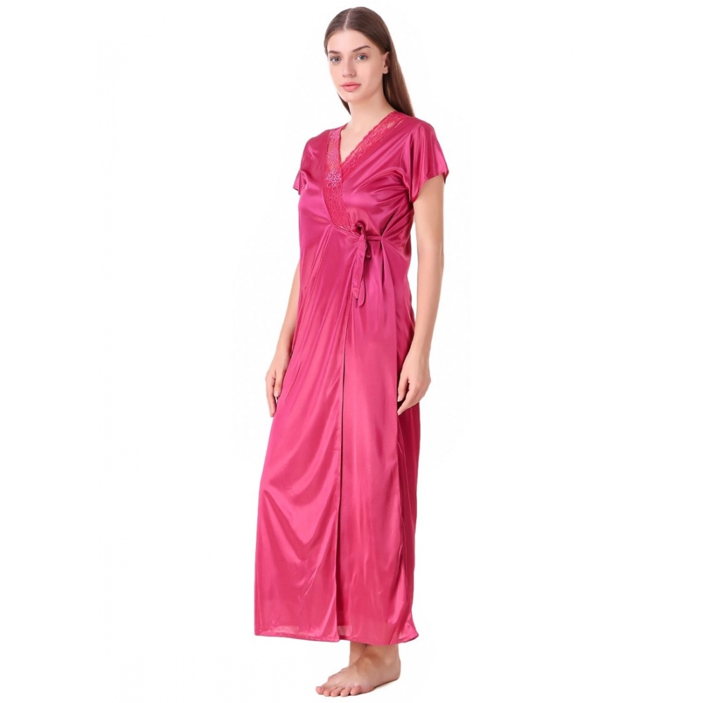 Women's Satin 2 PCs Set of Nighty And Wrap Gown with Half Sleeve(Color: Coral Pink, Neck Type: V Neck) - Image 3