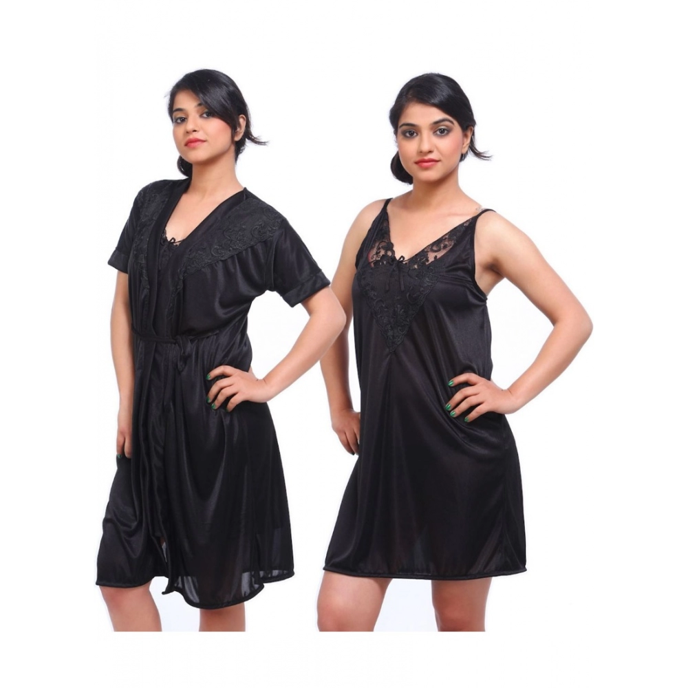 Women's Satin 2 PCs Set Of Nighty And Wrap Gown with Half Sleeve Nightdress(Color: Black, Neck Type: V Neck)
