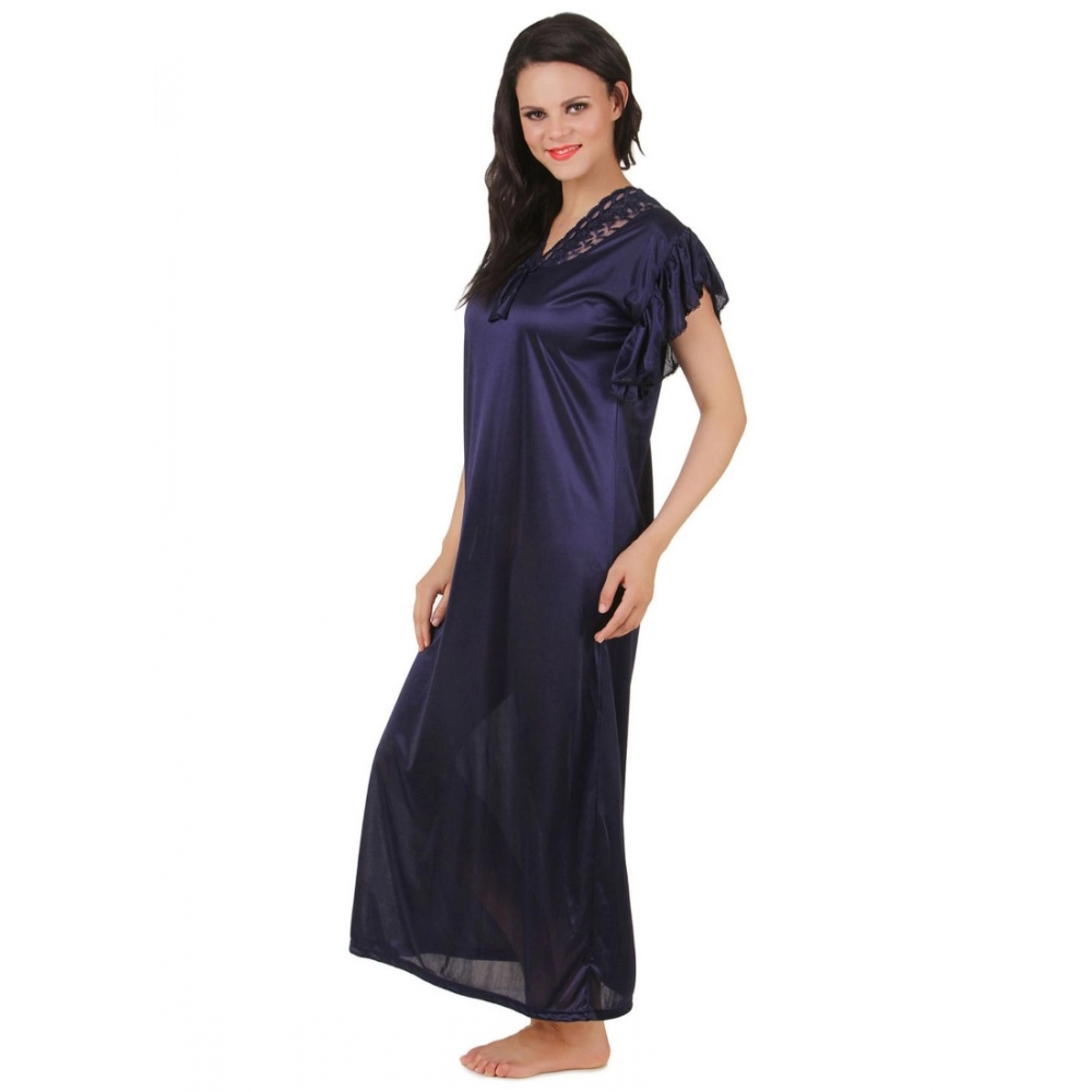 Women's Satin Long Nighty Frill Sleeve(Color: Navy Blue, Neck Type: V Neck) - Image 3