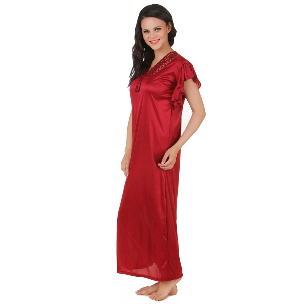 Women's Satin Long Nighty Frill Sleeve(Color: Maroon, Neck Type: V Neck) - Image 3