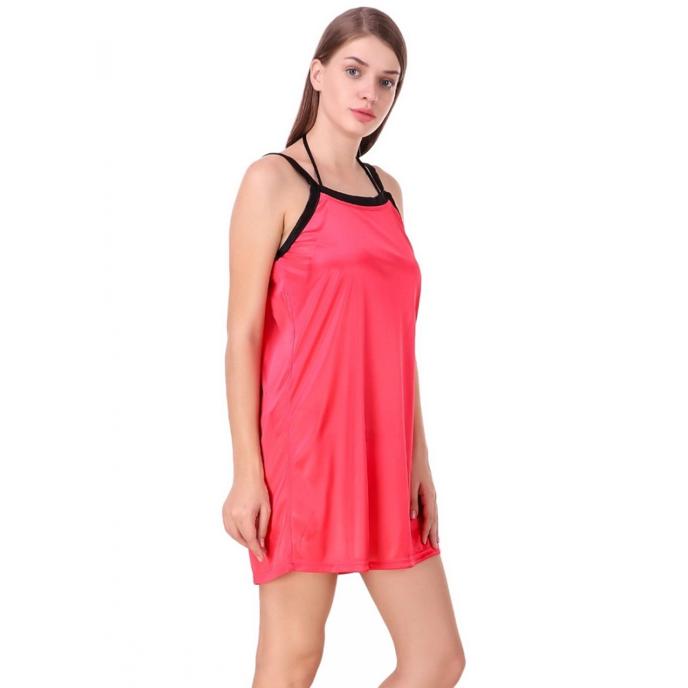 Women's Satin Short Nighty with Half Sleeve(Color: Coral Red and Black, Neck Type: V Neck) - Image 3