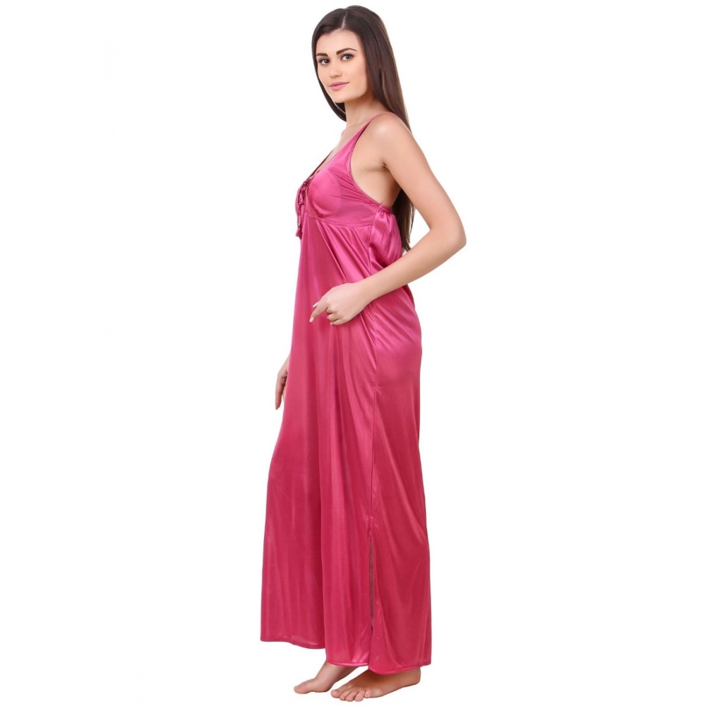 Women's Satin 2 PCs Set of Nighty And Wrap Gown with Half Sleeve(Color: Coral Pink, Neck Type: V Neck) - Image 2