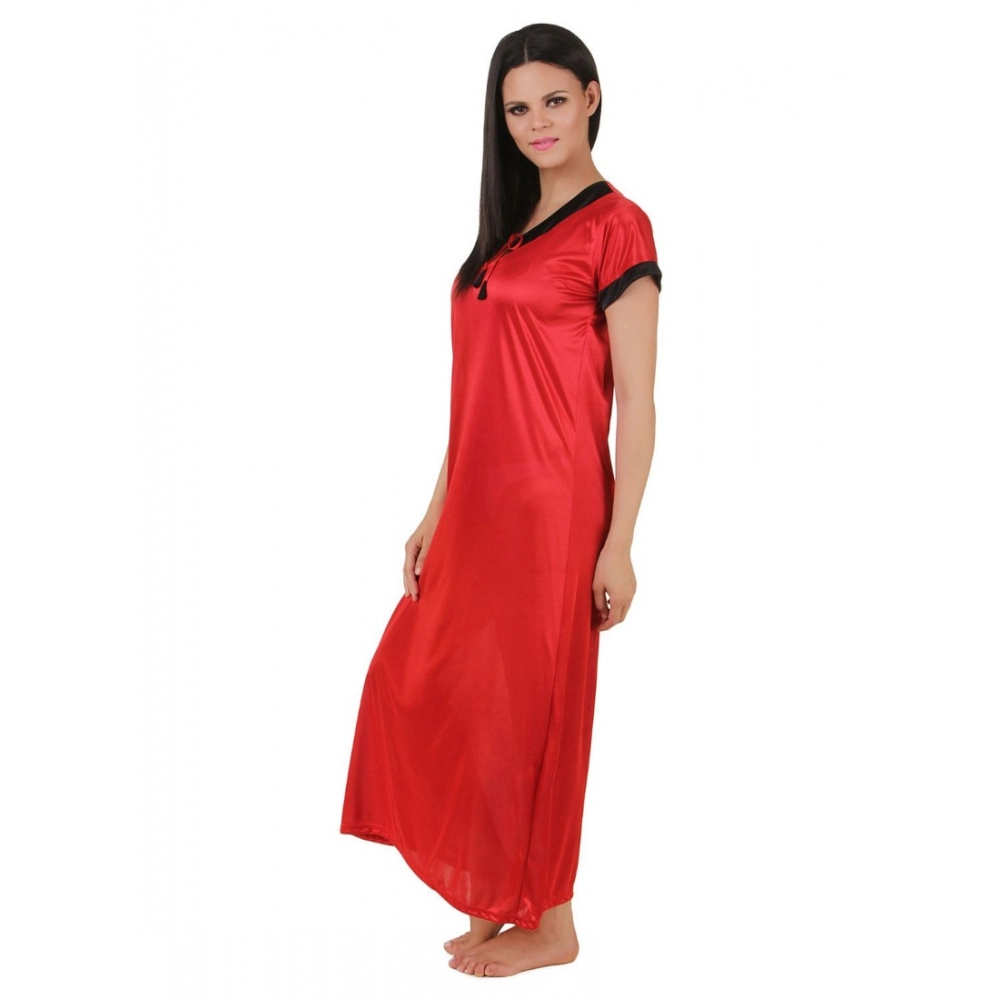 Women's Satin Long Nighty Mega Sleeve(Color: Red, Neck Type: V Neck) - Image 3