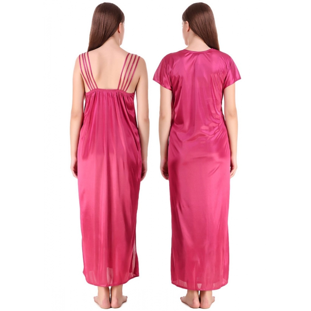 Women's Satin 2 PCs Set of Nighty And Wrap Gown with Half Sleeve(Color: Coral Pink, Neck Type: V Neck) - Image 4