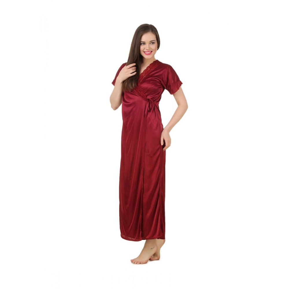 Women's Satin 2 PCs Set of Nighty And Wrap Gown with Half Sleeve(Color: Black, Neck Type: V Neck) - Image 3
