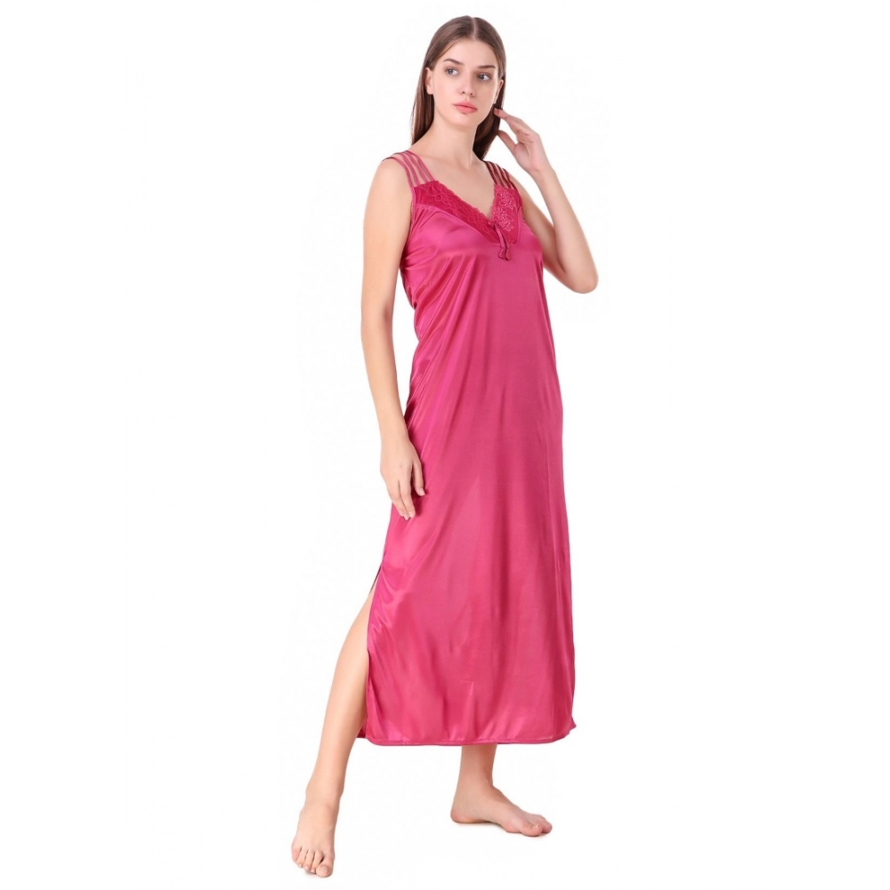 Women's Satin 2 PCs Set of Nighty And Wrap Gown with Half Sleeve(Color: Coral Pink, Neck Type: V Neck) - Image 2