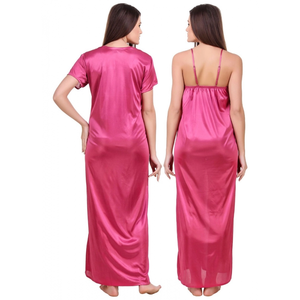 Women's Satin 2 PCs Set of Nighty And Wrap Gown with Half Sleeve(Color: Coral Pink, Neck Type: V Neck) - Image 4
