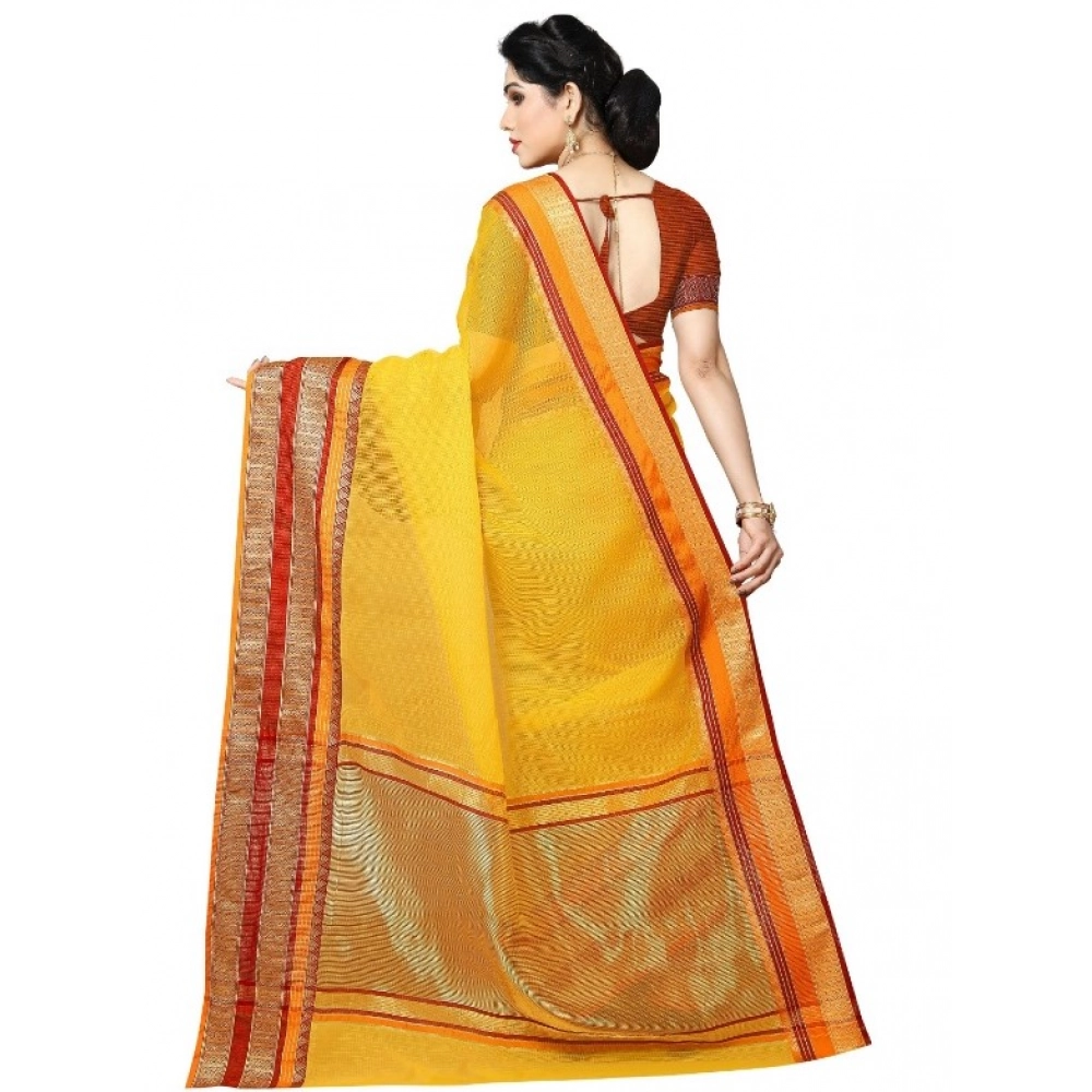 Women's Kota Doria Cotton Border Saree With Blouse (Yellow, 5-6 Mtrs) - Image 3