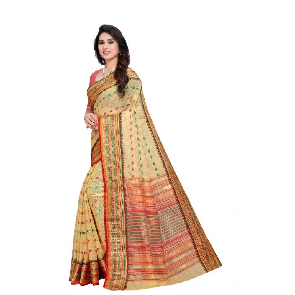 Women's Kota Doria Cotton Woven Butta Saree With Blouse (Beige, 5-6 Mtrs) - Image 2