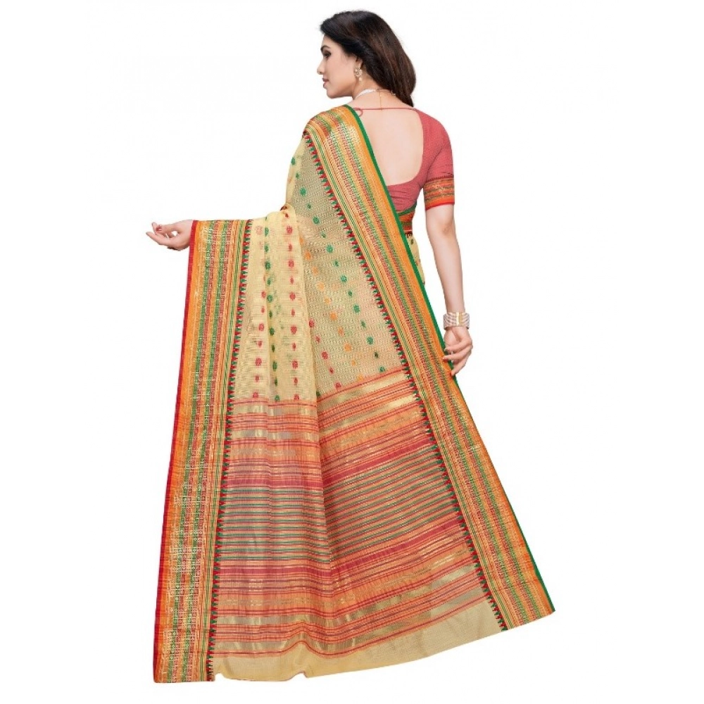 Women's Kota Doria Cotton Woven Butta Saree With Blouse (Beige, 5-6 Mtrs) - Image 3