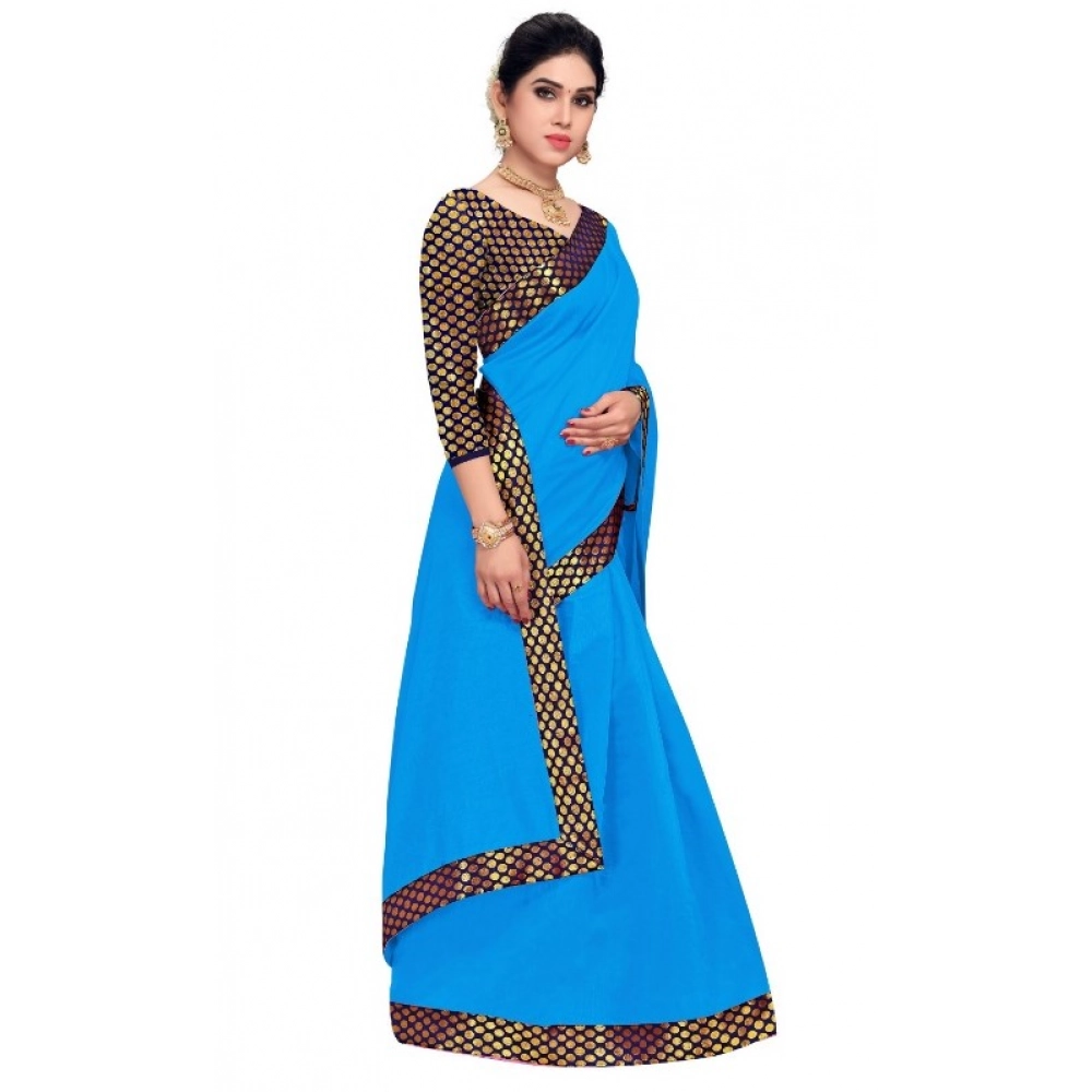Women's Chanderi Cotton Lace Border Saree With Blouse (Sky Blue, 5-6 Mtrs) - Image 2