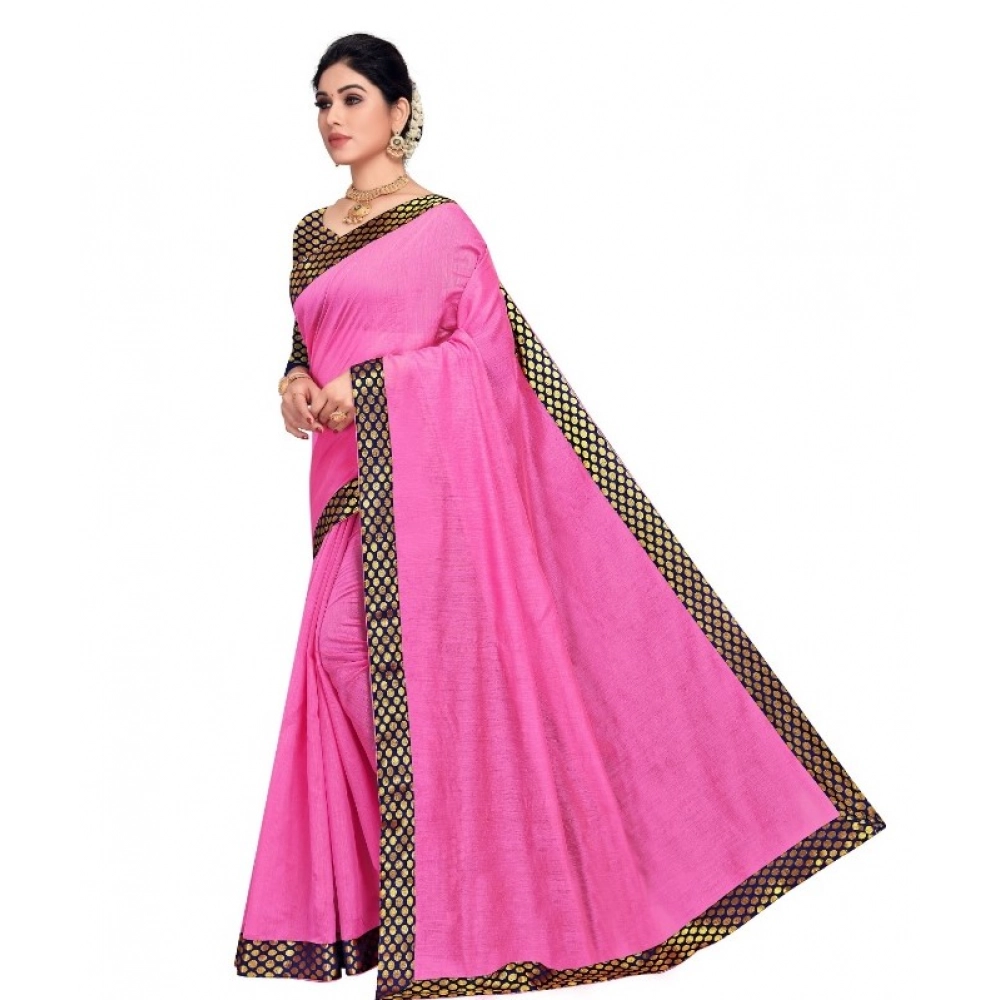 Women's Chanderi Cotton Lace Border Saree With Blouse (Pink, 5-6 Mtrs) - Image 2